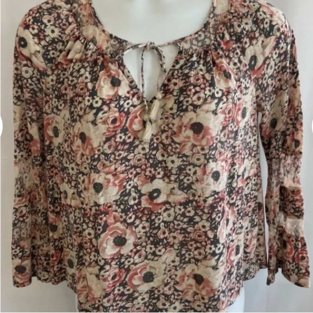 Lucky Brand Womenβs Tie Front Boho Peasant Long Sleeve Blouse Sz L - Picture 15 of 15